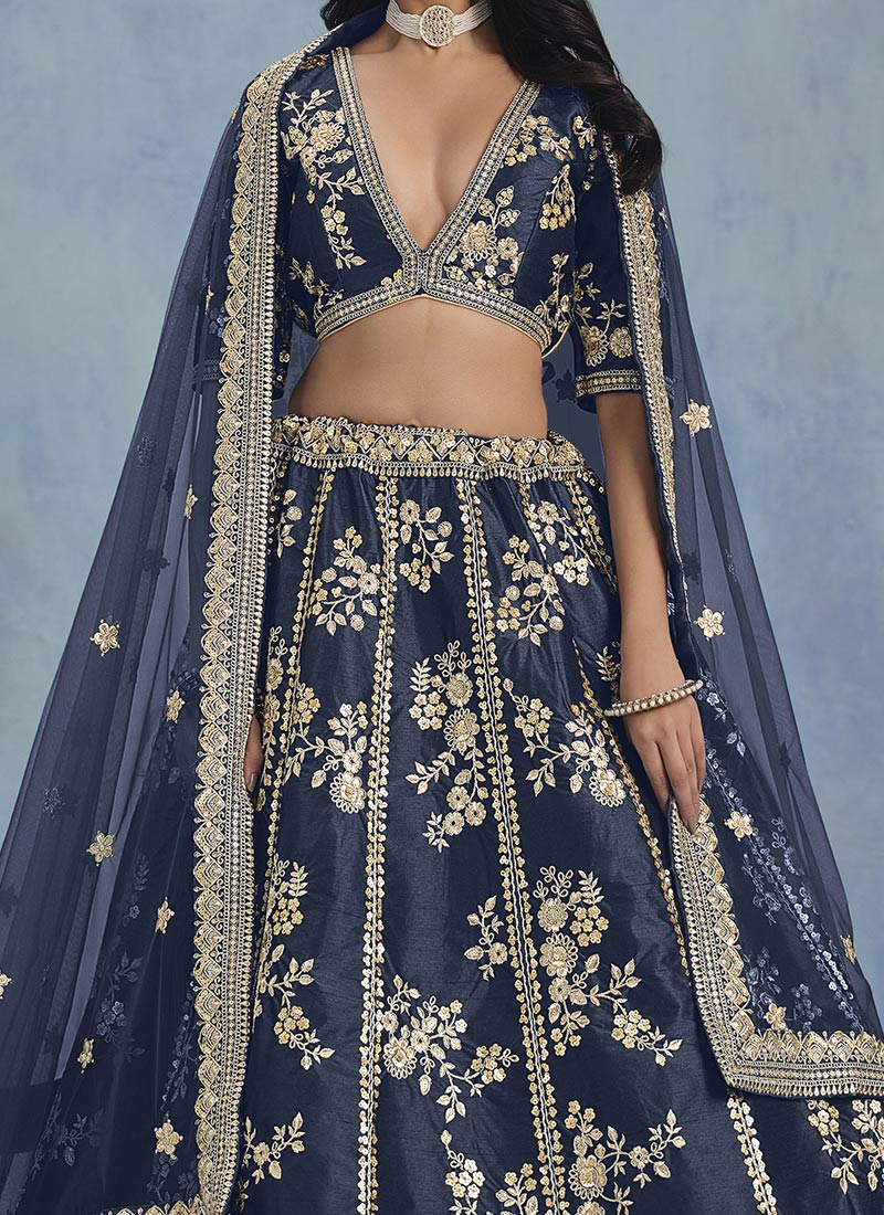 Embroidered & Sequins Navy Blue Wedding Lehenga Choli