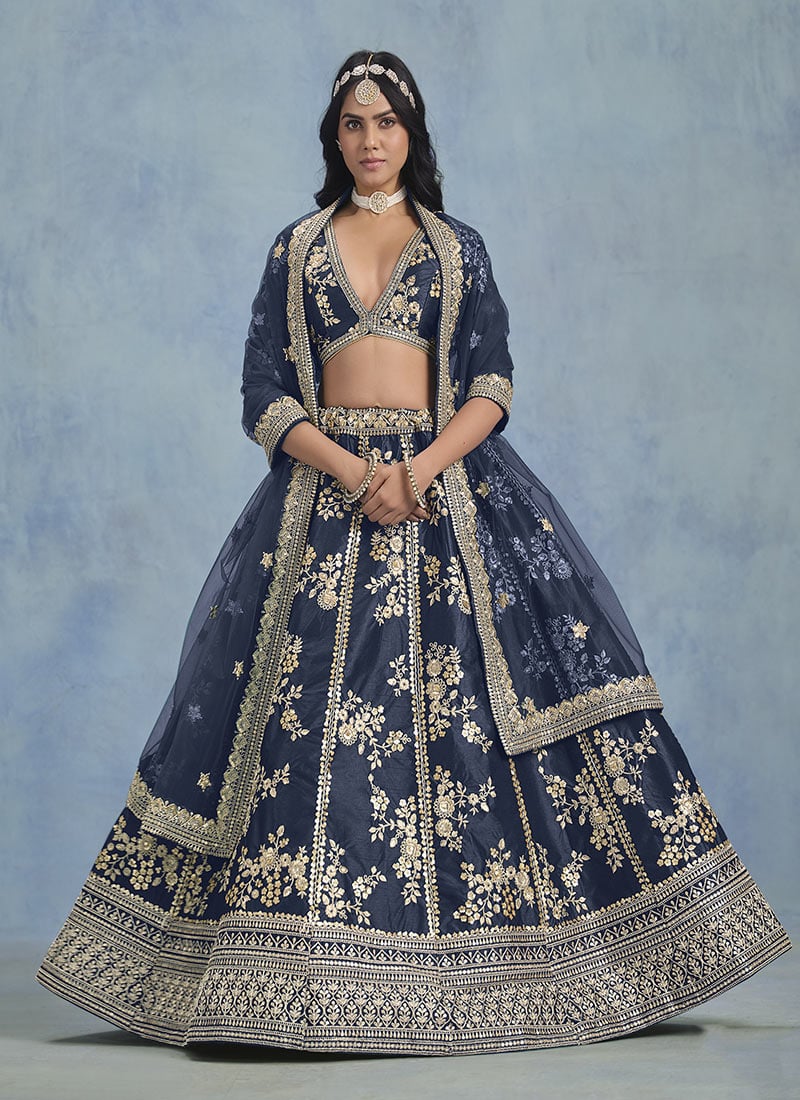 Navy Blue Silk Embroidered Sequins Lehenga