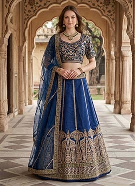 Navy Blue Silk Embroidered Sequins Lehenga