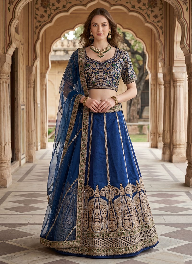 Navy Blue Silk Embroidered Sequins Lehenga Wedding Wear