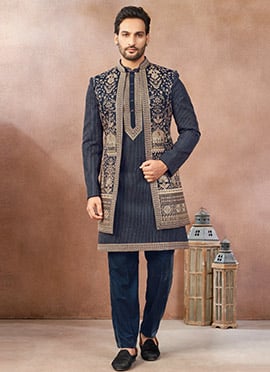Navy Blue Silk Embroidered Sequins Open Indowestern Sherwani