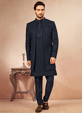 Navy Blue Silk Embroidered Sequins Open Indowestern Sherwani