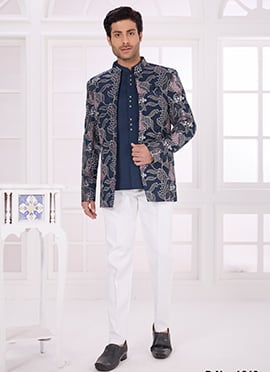 Navy Blue Silk Embroidered Sequins Thread Bandhgala Jacket
