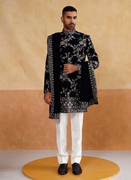 Navy Blue Silk Embroidered Sequins With Beads Work Indowestern Sherwani