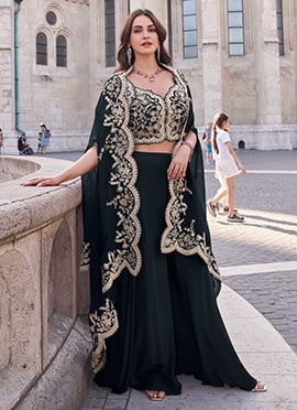 Navy Blue Silk Embroidered Sequins With Mirror Work Indowestern Jacket Palazzo Set