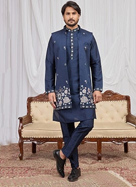 Navy Blue Silk Embroidered Thread Bandi Set Festive Wear
