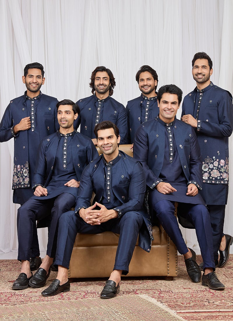 Navy Blue Silk Embroidered Thread Bandi Set Festive Wear