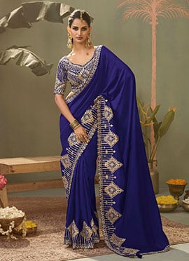 Navy Blue Silk Embroidered Zari Gota Resham Saree