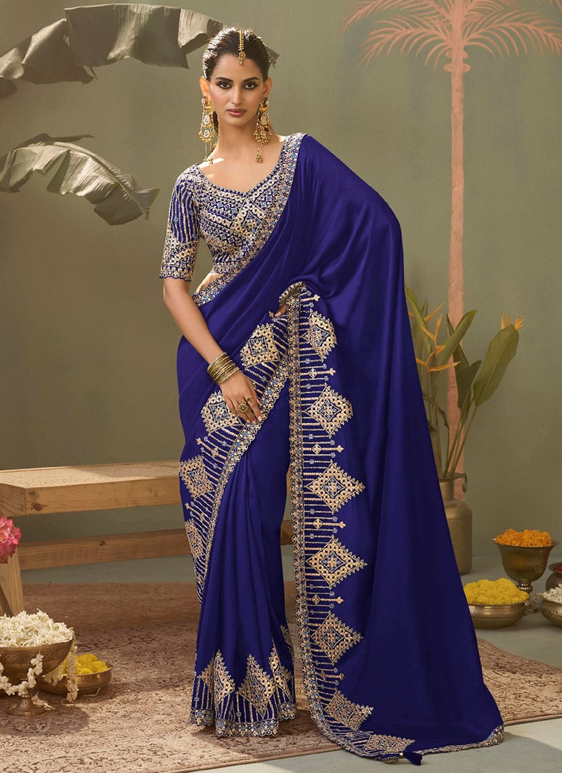 Navy Blue Silk Embroidered Zari Gota Resham Saree Wedding Wear
