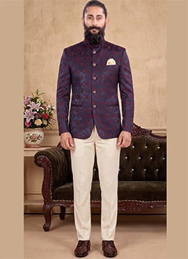 Navy Blue Silk Floral Jacquard Brocade Jodhpuri Suit For Men