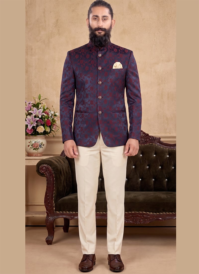 Navy Blue Silk Floral Jacquard Brocade Jodhpuri Suit For Men After Six Wear