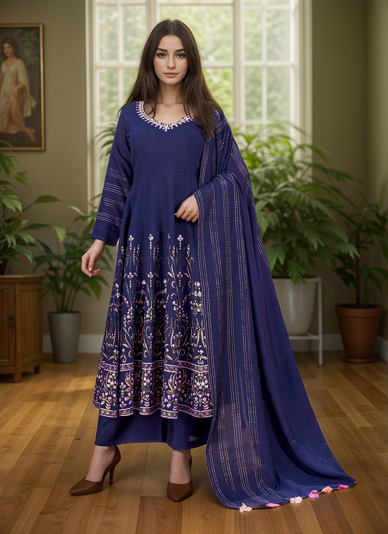 Navy Blue Silk Foil Print With Mirror Work Anarkali Suit Festive Wear