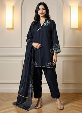 Navy Blue Silk Hand Embroidered Sequins Straight Pant Suit