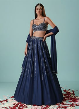 Navy Blue Silk Hand Embroidered Stone Work Lehenga
