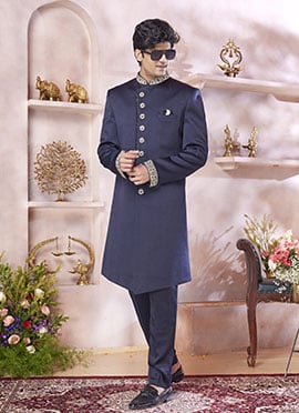 Navy Blue Silk Hand Work Indowestern Sherwani