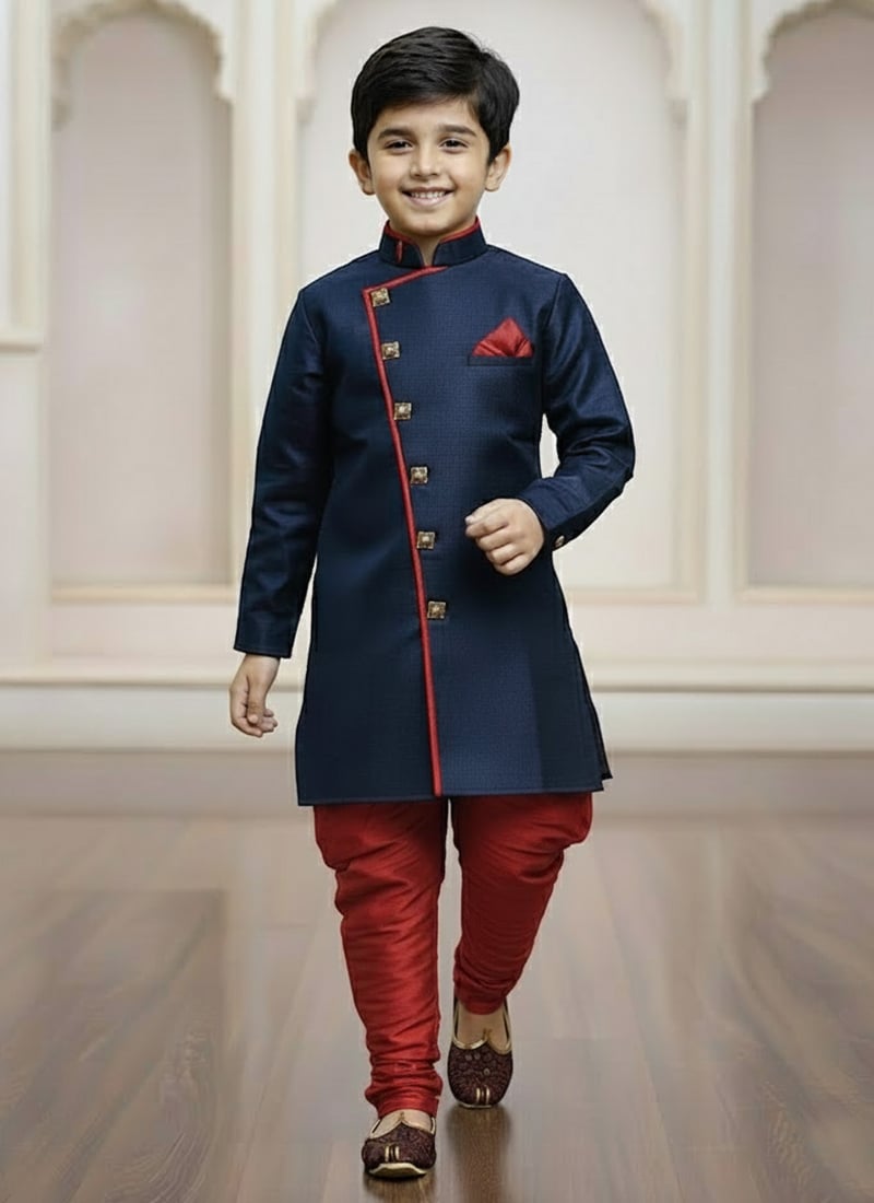 Navy Blue Silk Indowestern Sherwani Kids Boys