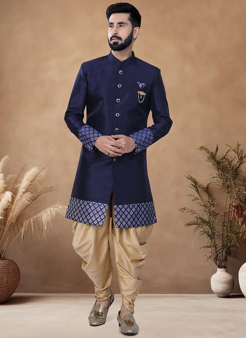 Navy Blue Silk Jacquard Indowestern Sherwani Wedding Wear