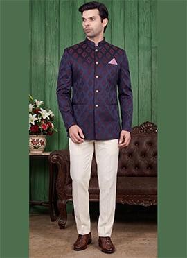Navy Blue Silk Jacquard Jodhpuri Suit For Men