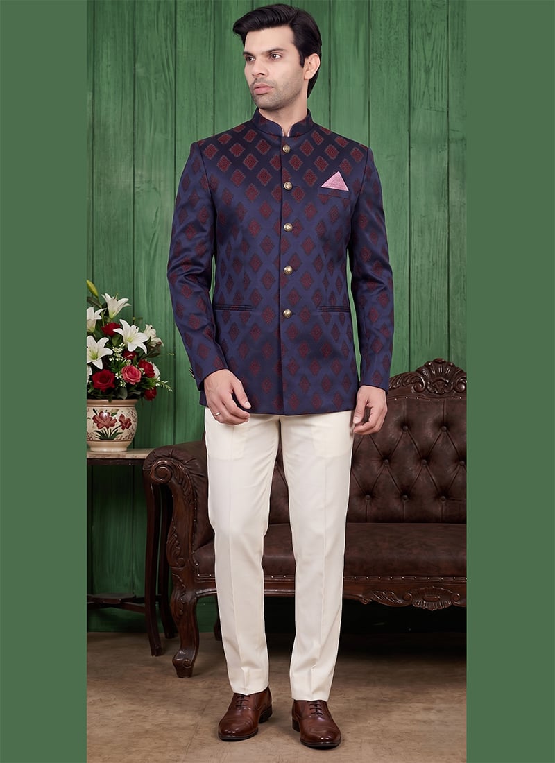 Navy Blue Silk Jacquard Jodhpuri Suit For Men After Six Wear
