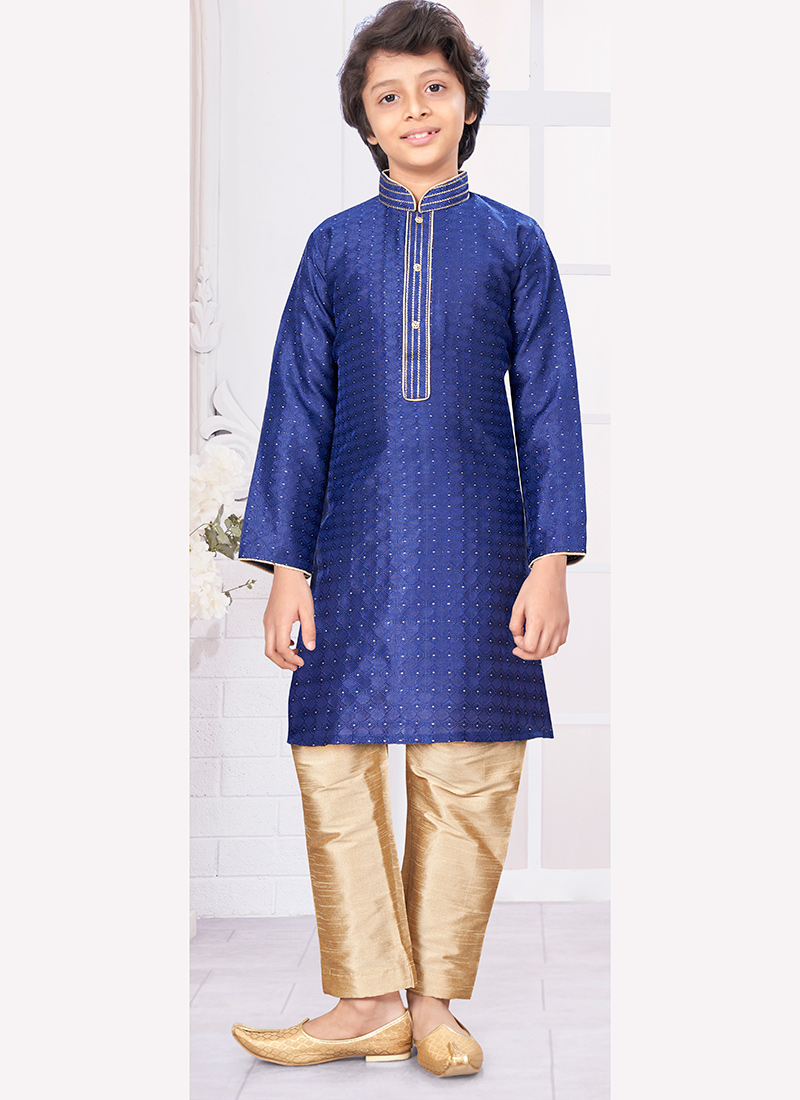 Navy Blue Silk Jacquard Kids Boys Kurta Pyjama Festive Wear