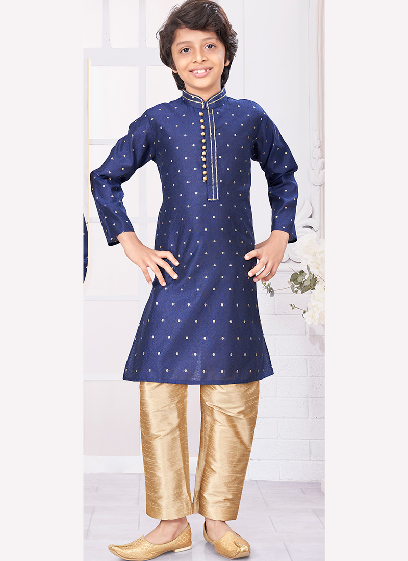 Navy Blue Silk Jacquard Kids Boys Kurta Pyjama