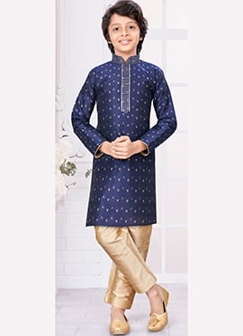 Navy Blue Silk Jacquard Kids Boys Kurta Pyjama