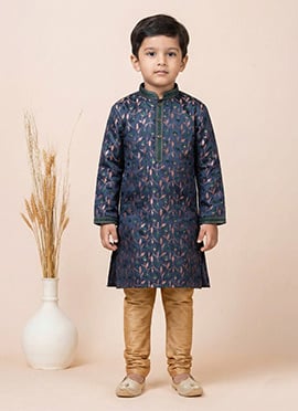 Navy Blue Silk Jacquard Kids Kurta Pyjama