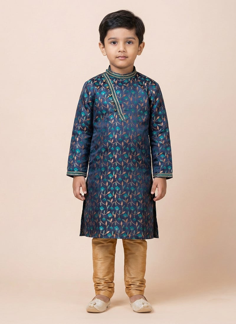 Navy Blue Silk Jacquard Kids Kurta Pyjama Festive Wear
