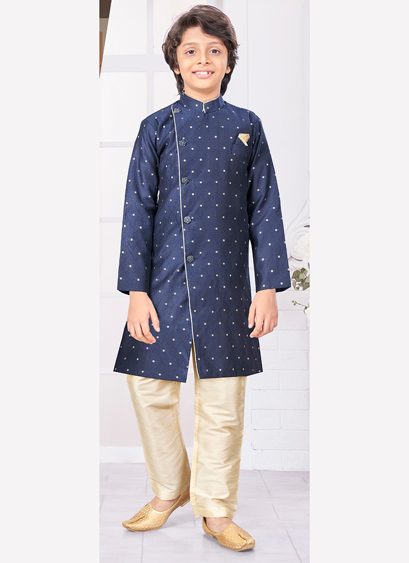 Navy Blue Silk Jacquard Kurta Pyjama For Young Kids Boys