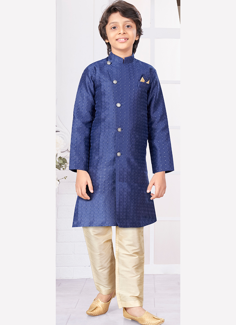 Navy Blue Silk Jacquard Kurta Pyjama For Young Kids Boys Party Wear