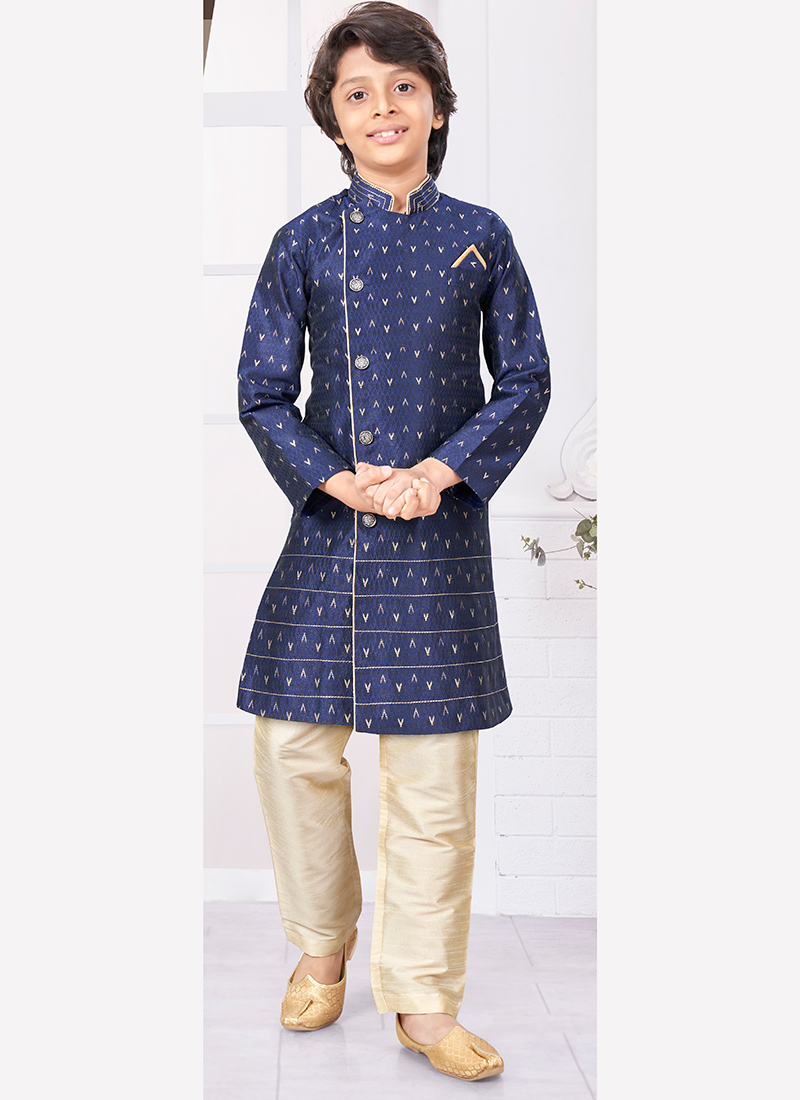 Navy Blue Silk Jacquard Kurta Pyjama For Young Kids Boys Party Wear