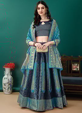 Navy Blue Silk Jacquard Lehenga Choli For Classic