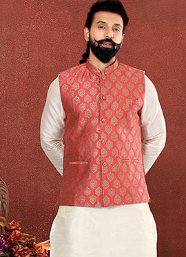 Navy Blue Silk Jacquard Nehru jacket