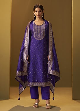 Navy Blue Silk Jacquard Straight Pant Suit