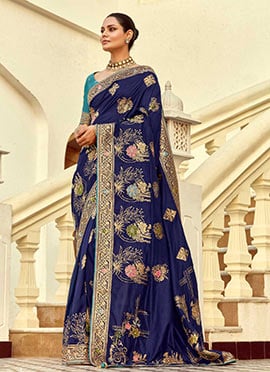 Navy Blue Silk Jacquard Zari Embroidered Beads Saree