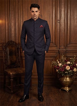 Navy Blue Silk Jodhpuri Suit For Men