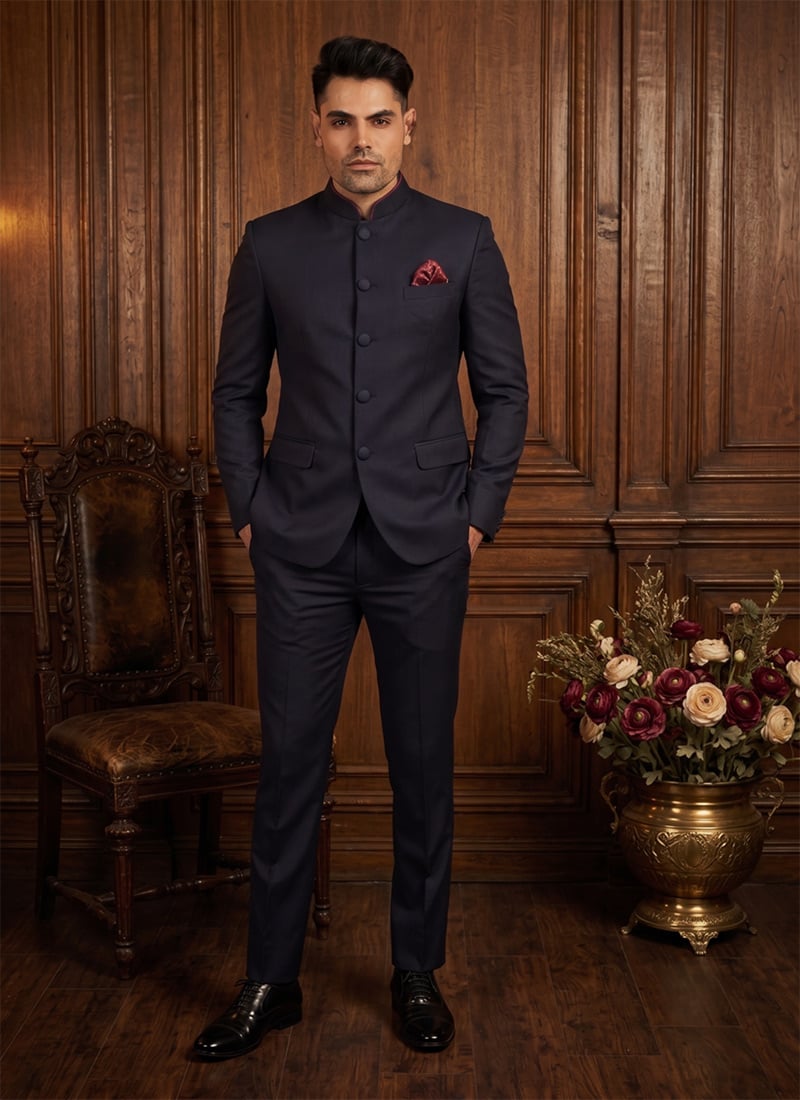 Navy Blue Silk Jodhpuri Suit For Men After Six Wear