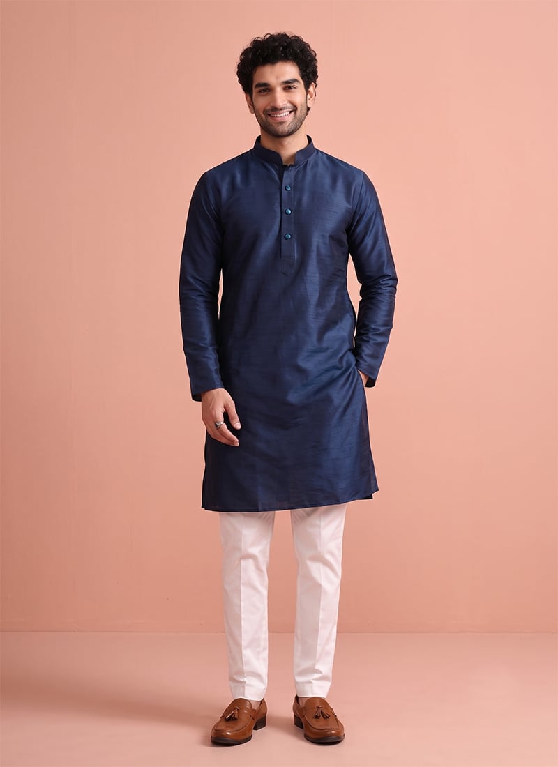 Navy Blue Silk Kurta Pyjama Festive Wear