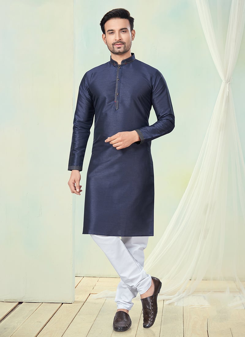 Navy Blue Silk Kurta Pyjama Festive Wear