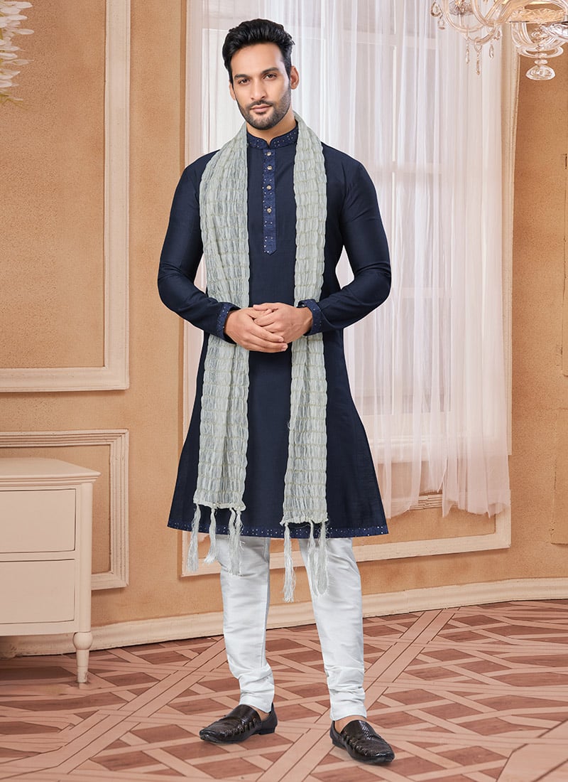 Navy Blue Silk Lace Work Kurta Pyjama Festive Wear-KPMSGR2275