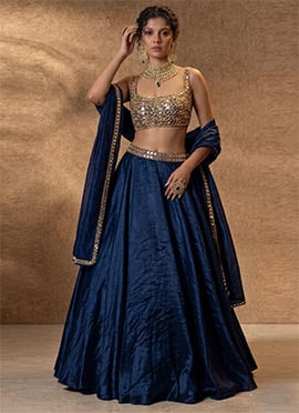Navy Blue Silk Lehenga Set With Hand Embroidered Zari And Mirror Work