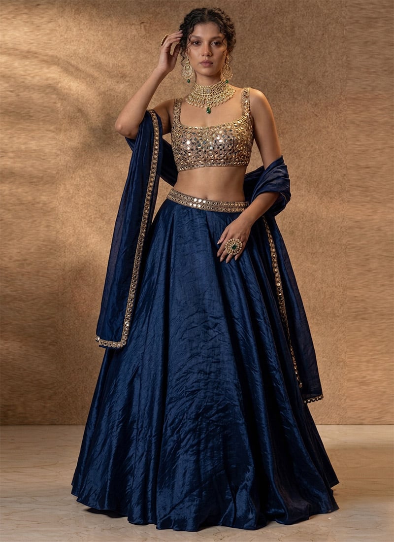Navy Blue Silk Lehenga Set With Hand Embroidered Zari And Mirror Work Wedding Wear