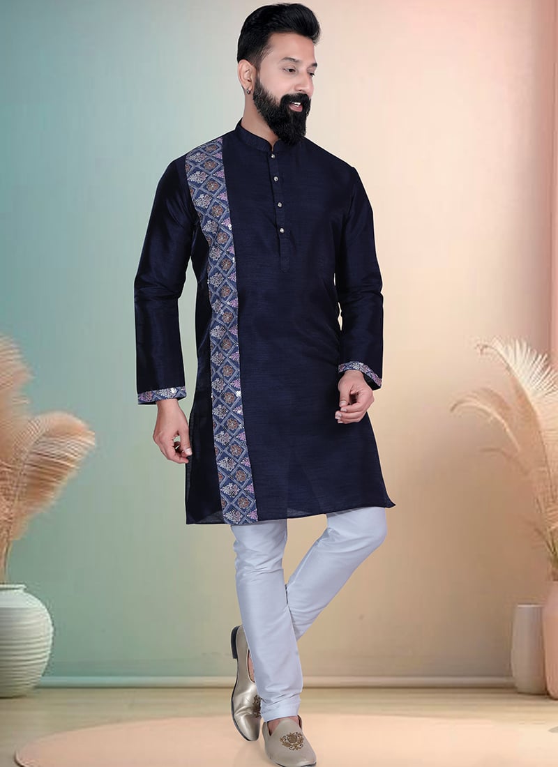 Navy Blue Silk Printed Kurta Pyjama