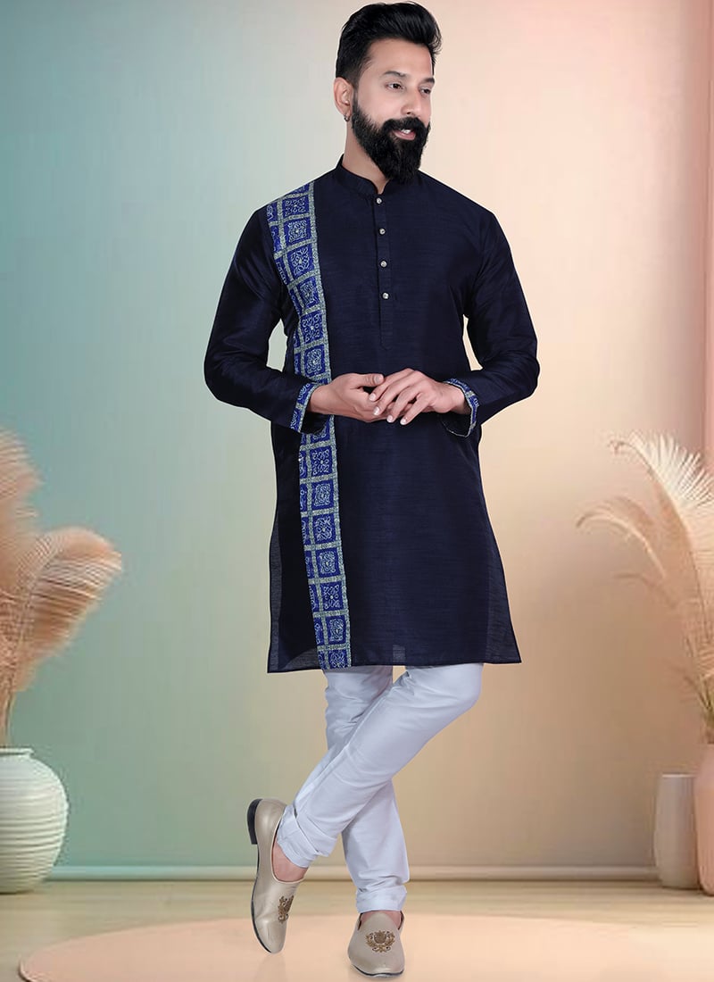 Navy Blue Silk Printed Kurta Pyjama