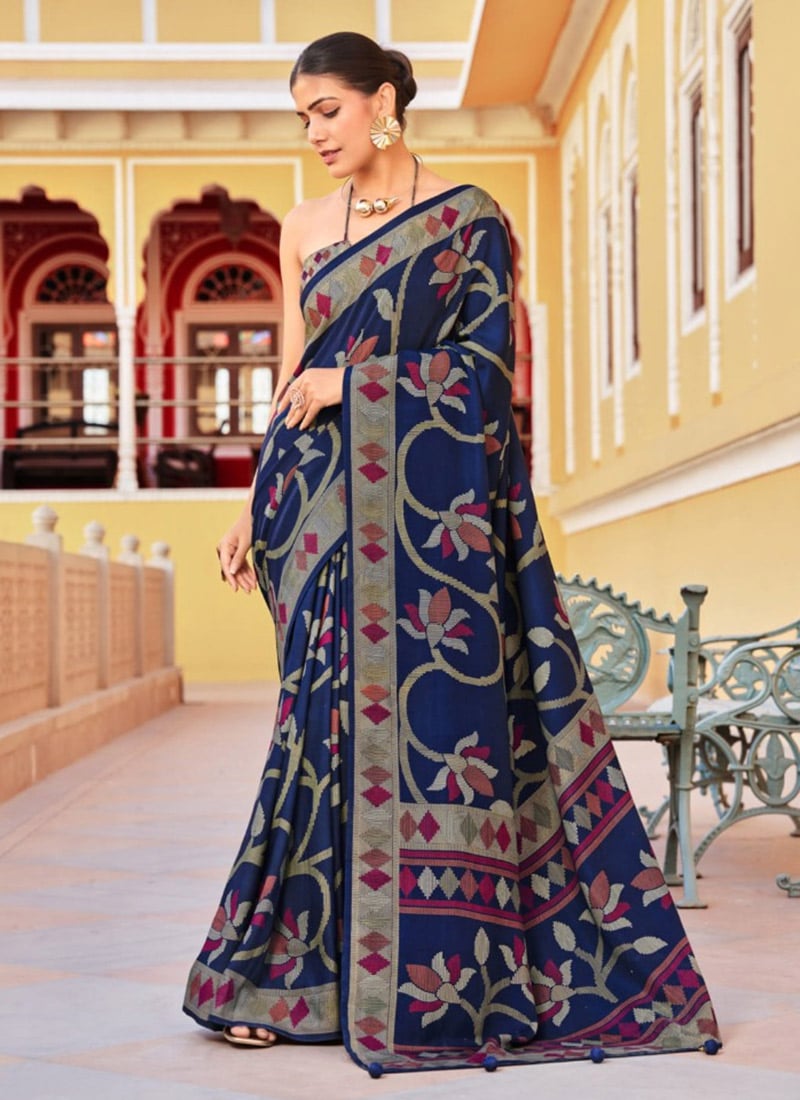 Navy Blue Silk Printed Saree After Six Wear