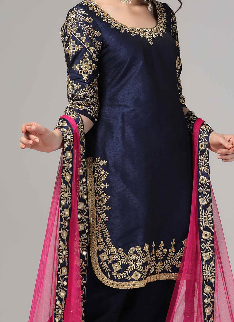 Buy Navy Blue Silk Salwar Suit With Zari Embroidered Mirror Embossed ...