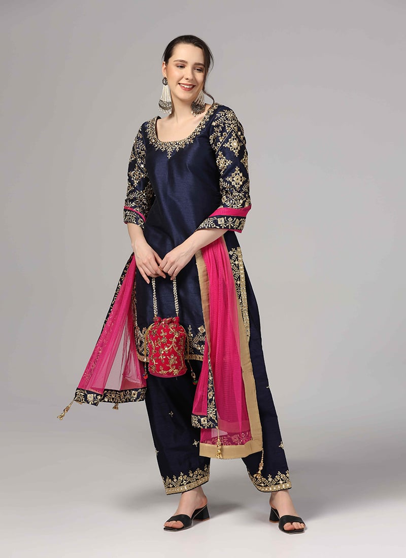 Navy Blue Silk Salwar Suit With Zari Embroidered Mirror Embossed Party Wear