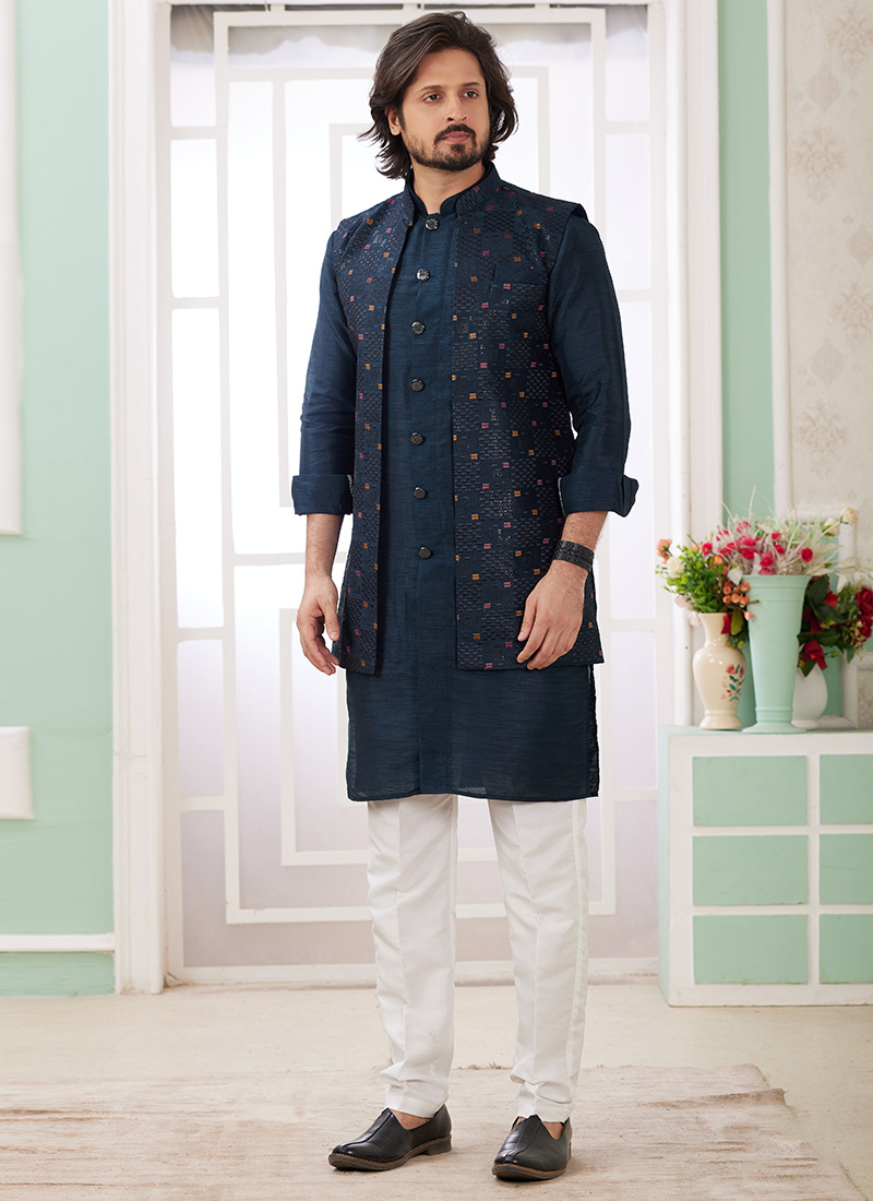 Navy Blue Silk Sequins Bandi Set Festive Wear