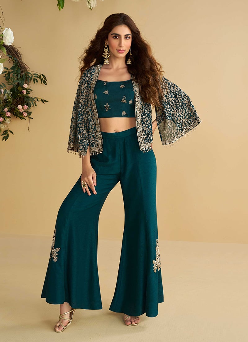 Navy Blue Silk Sequins Embroidered And Beads Palazzo Set After Six Wear
