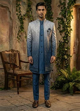 Navy Blue Silk Sequins Embroidered Indowestern Sherwani Set
